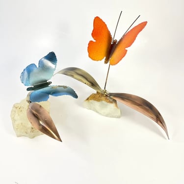 Mid Century Kitsch Enamel on Metal w Quartz Base Butterfly Sculptures Jeré Style