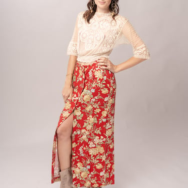 1990’s Red Floral Linen Maxi Skirt