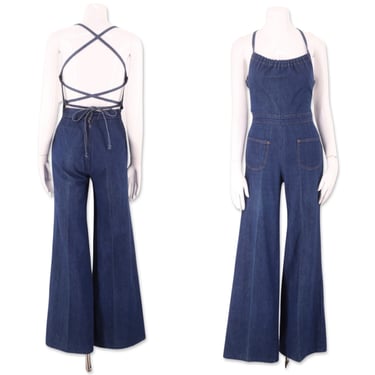 70s denim lace up bell bottom overalls S, vintage 1970s HIS jumpsuit, open back flared bottoms one piece sz 2-4 RARE 