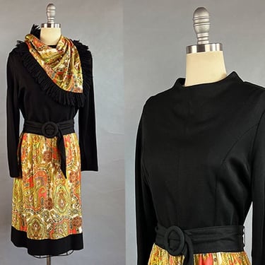 1960s Paisley Dress / 1960s Day Dress /  1960s Black Dress with Colorful Paisley Skirt & Matching Scarf / Size Large 