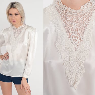 White Lace Blouse 80s Shiny Satin Top Long Puff Sleeve Cutout Illusion V Neck Shirt Victorian Feminine Romantic Boho Vintage 1980s Small S 