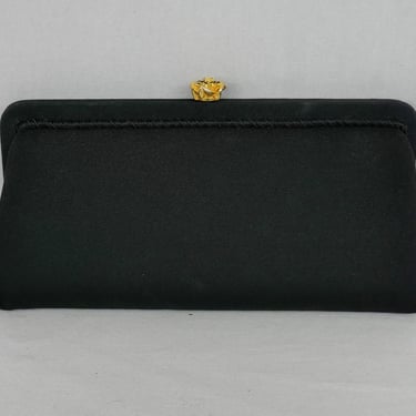 60s Black Evening Bag - Fabric Clutch w/ Gold Metal Flower with Rhinestones - Vintage 1960s Purse Pocketbook Handbag 