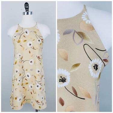 1990s Vintage Sense Brown Poly Mini Dress / 90s / Nineties Floral Print Tank Dress / Size Small / Medium 