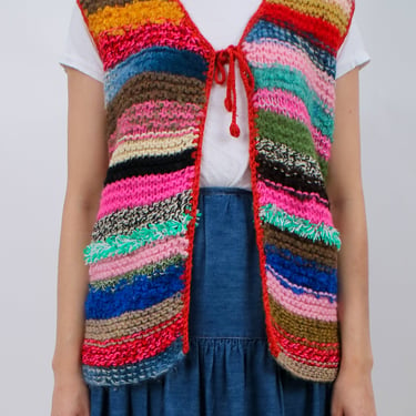 1970s Italian Made Hand Crochet Rainbow Vest