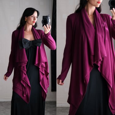 Vintage DONNA KARAN Black Label Purple Cashmere & Silk Avant Garde Vest Long Drape Cardigan w/ Pockets | Y2K DKNY Designer Cozy Sweater 