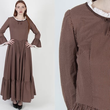 70s Pilgrim Style Dress / Tiny White Polka Dot Country Dress / Womens Trumpet Sleeve Chore Dress / Cottagecore Eyelet Maxi 