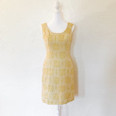 60s Mod Yellow Cream Textured Brocade Sleeveless Party Dress | Small 