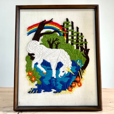 Framed 1980s Rainbow Unicorn Crewel 