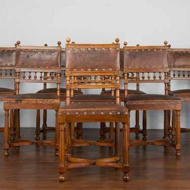 Late 19th Century French Renaissance Henry II Walnut and Leather Dining Chairs - Set of 8 