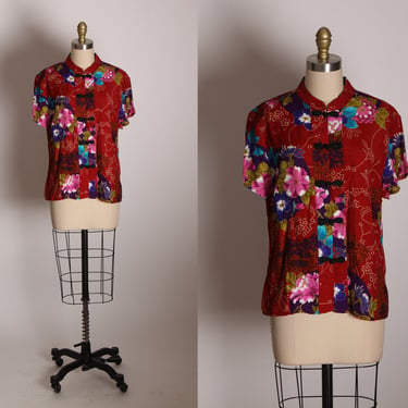 Deadstock Early 1980s Burgundy, Black, Pink and Blue Short Sleeve Frog Closure Blouse by Clio -L 