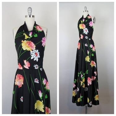 Vintage 1970s floral halter maxi dress, backless, jersey, semi-formal, cowl neck 