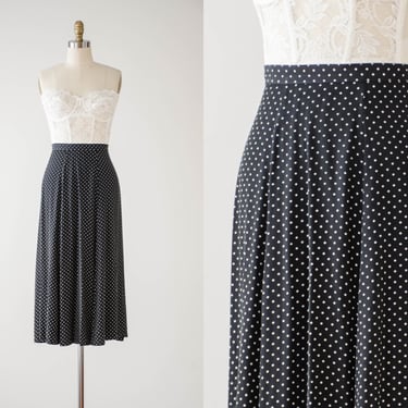 black polka dot skirt | 80s 90s vintage black white elastic waist cottagecore academia midi skirt 