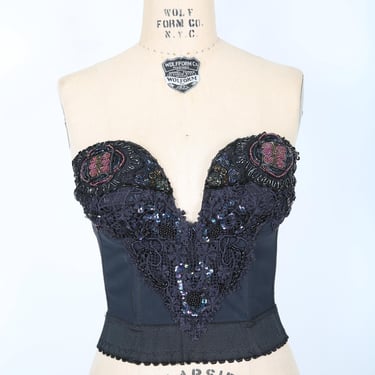 Vintage Black Top Bra Bustier Floral Lace & Beaded  Festival Coachella Streetwear Rave Party OOTD 