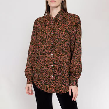 Large 80s Baroque Black & Orange Floral Blouse | Vintage Long Sleeve Button Up Oversize Secretary Top 