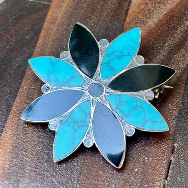 Sterling Silver Brooch Pendant Turquoise Onyx Made In Mexico Vintage Handmade 