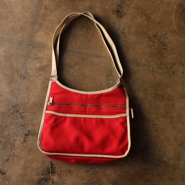 70's Red Canvas PURSE / Vintage Shoulder Bag / Red and Cream 