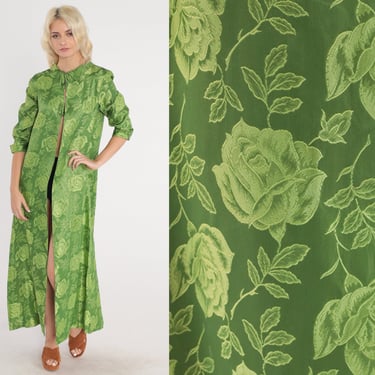 60s Floral Jacket Long Green Jacket Embossed Flower Rose Print Cutout Back Open Front Cocktail Maxi Boho Mod Vintage 1960s Extra Small xs 