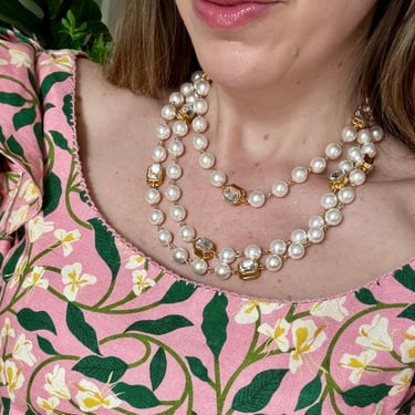 Extra Long French Faux Pearl Crystal Necklace