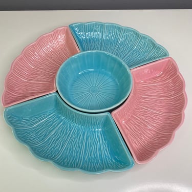 MCM Pink & Blue Art Pottery 5 Piece Chip and Dip Set Made in the USA | Divided Crescent Serving Dish | Veggie Tray Tidbit Snack Dish Vintage 