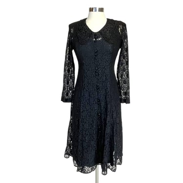 Vintage 90s Dawn Joy Black Whimsy Goth Grunge Floral Lace Back Dress w Collar Womens Size 8 petite 