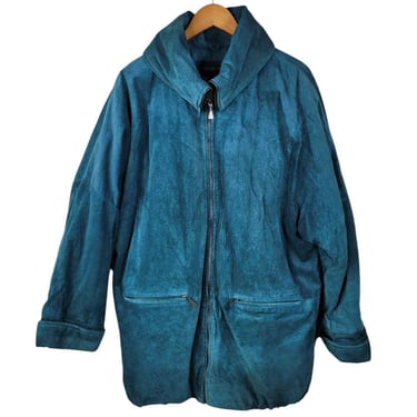 Vintage Suede Leather Puffer Coat size Medium Jacket Teal Green Winter Warm 