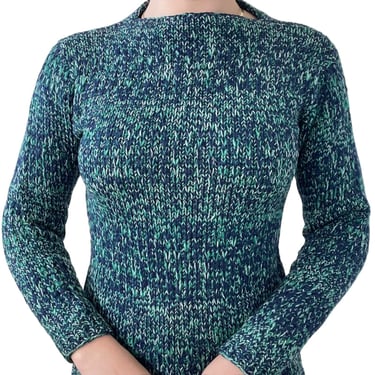 Vintage 1970s Womens Hand Knit Acrylic Mid Mod Navy Green Chunky Sweater Sz XS 