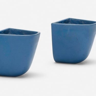 Pair of Architectural Pottery Domino Planters by Malcolm Leland in Rare Blue Glaze