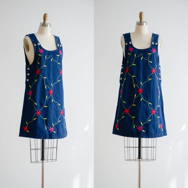 denim overall dress 90s vintage embroidered jean mini dress 