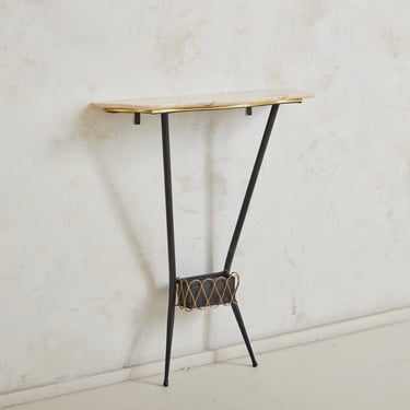 Black Iron + Cream Marble Top Wall Mounted Console Table, France 1950s