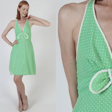 Open Back Halter Top Dress, Vintage 70s Swiss Polka Dot Print, Low Cut Deep V Mini Sundress 