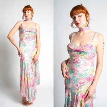 Vintage 2000s Dress / Y2K Diane Freis Beaded Silk Gown / Pink Blue ( medium M ) 