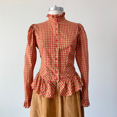 Vintage 70s Plaid Blouse / Plaid Blouse with Mutton Sleeves / Victorian Inspired Plaid Blouse / 70s does Victorian / 70s Plaid Blouse Small 