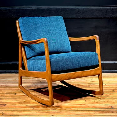 Vintage Danish Teak Rocking Chair by Ole Wanscher FD120 - Mid Century Modern Velvet Chair Rocker 