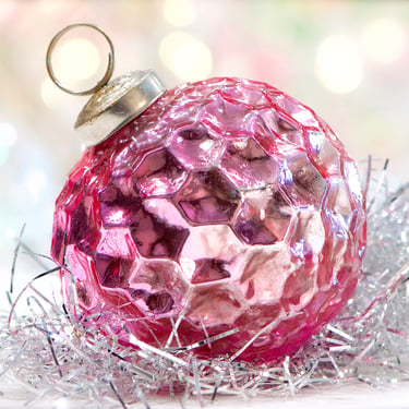 VINTAGE: 3" Thick Textured Light Pink Glass Ornament - Kugel Style Ornament - SKU 30-406-00033398 