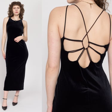 Medium 90s Black Velvet Strappy Open Back Maxi Dress | Vintage Roberta Backless Sexy Fitted Bodycon Party Gown 