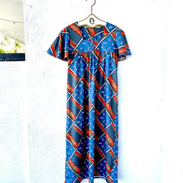 Vintage 70s Hawaiian Dress Funky Graphic Dog Geometric Striped Blue Red Muumuu 