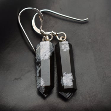 70's snowflake obsidian 925 silver column dangles, mystic hippie sterling lava glass hexagon earrings 