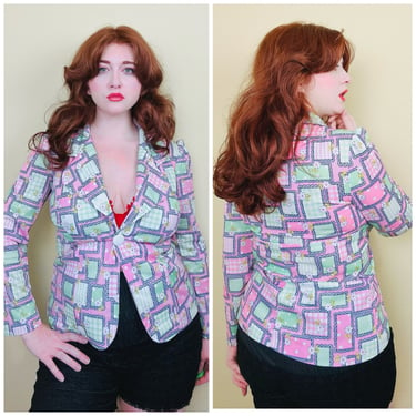 1970s Vintage Patchwork Single Button Blazer / Pink and Green Floral Poly Knit Jacket / Size Medium - Large 