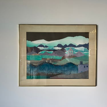 80's Roscini Tow L. K Mixed Media Collage Modernist Landscape Wall Art - Painting 