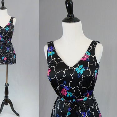 80s Skirted Swimsuit - Black Nylon Spandex - Pink Blue Purple Yellow Floral Print - Bathing Suit - Maxine of Hollywood - Vintage 1980s - M L 