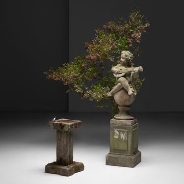 Sandstone Bird Bath / Cherub on Pedestal