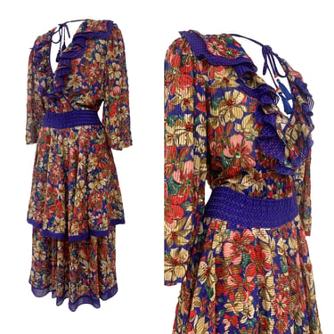 Vtg Vintage 1980s 80s Designer Diane Freis Floral Ruffle Tiered Ultra Fem Dress 