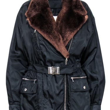 Prada - Black &quot;Anorak&quot; Coat w/ Beaver Fur Collar Sz XL