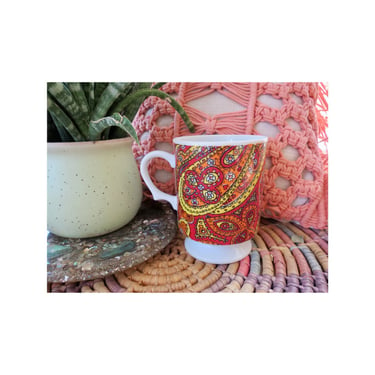 Vintage Groovy Coffee Cup - 60s 70s Pedestal Mug with Handle - Paisley Psychedelic MCM Kitchenware 