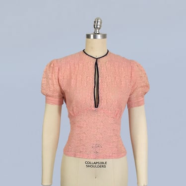 1930s Blouse / 30s Sheer Pink Lace Blouse with Puffed Short Sleeves and Deep Keyhole Neck 