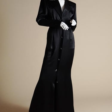 F/W 1986 Yves Saint Laurent Rive Gauche black satin tuxedo style full length dress with button closure 