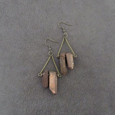 Raw quartz brown crystal earrings, rustic boho bronze unique earrings, geode natural bohemian 