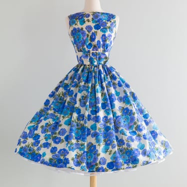 Gorgeous 1950's Lush Silk Blue Floral Print Party Dress / XS