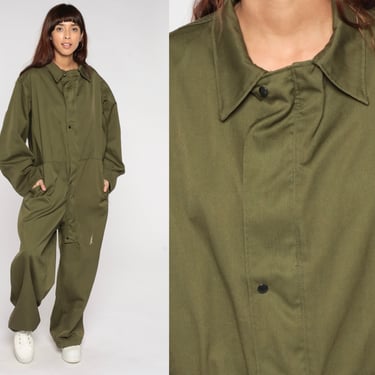 Army Coveralls 90s Olive Green Military Jumpsuit Retro Flight Suit Boilersuit Long Sleeve Boiler Suit Workwear Vintage 1990s Men's Medium M 