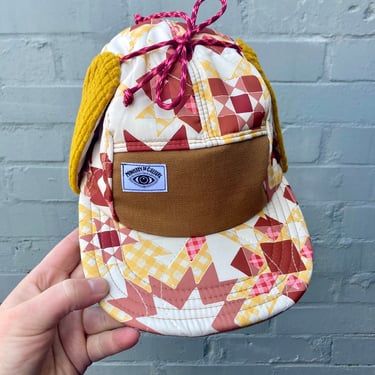 Quilted Earflap Hat, Ohio Star Quilt Block Handmade 5 Panel Camp Hat, Winter Baseball Cap, Moldable Brim five panel hat, Snap Back ball cap 